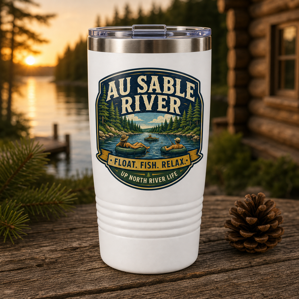 Au Sable River Float Fish Relax 20oz Polar Camel Tumbler in White
