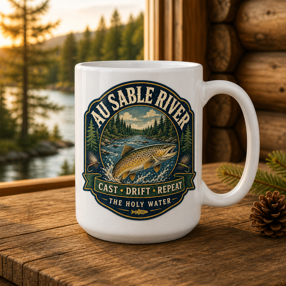 Au Sable River Cast Drift Repeat 15oz White Coffee Mug