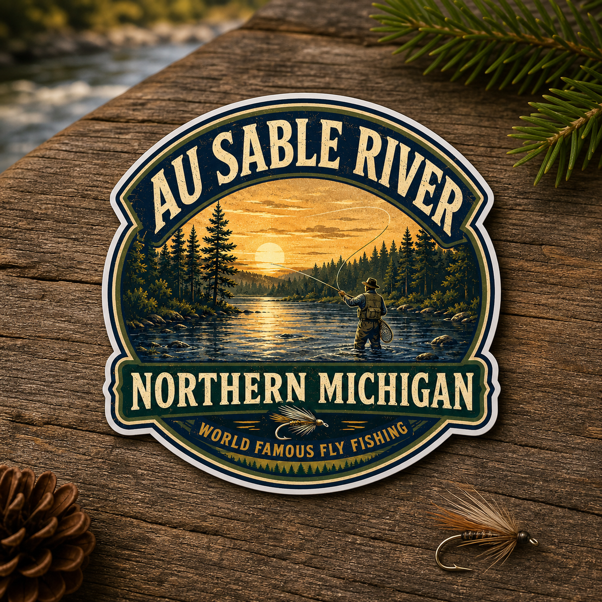 Vintage Au Sable River Fly Fishing Die-Cut Sticker