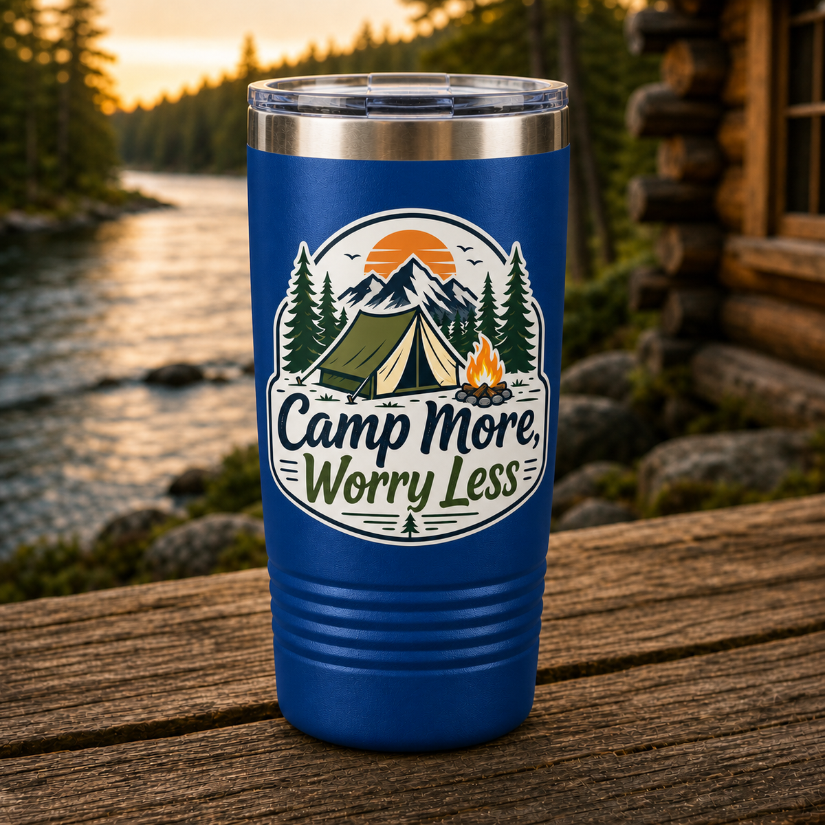 Camp More Worry Less 20oz Polar Camel Tumbler in Royal Blue