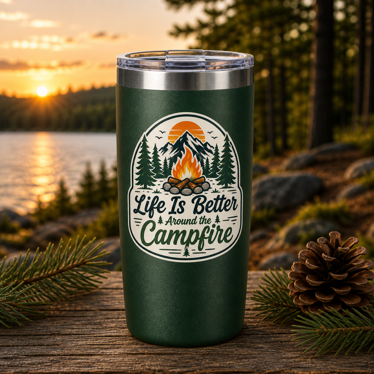 Life Is Better Around the Campfire 20oz Polar Camel Tumbler in Dark Green