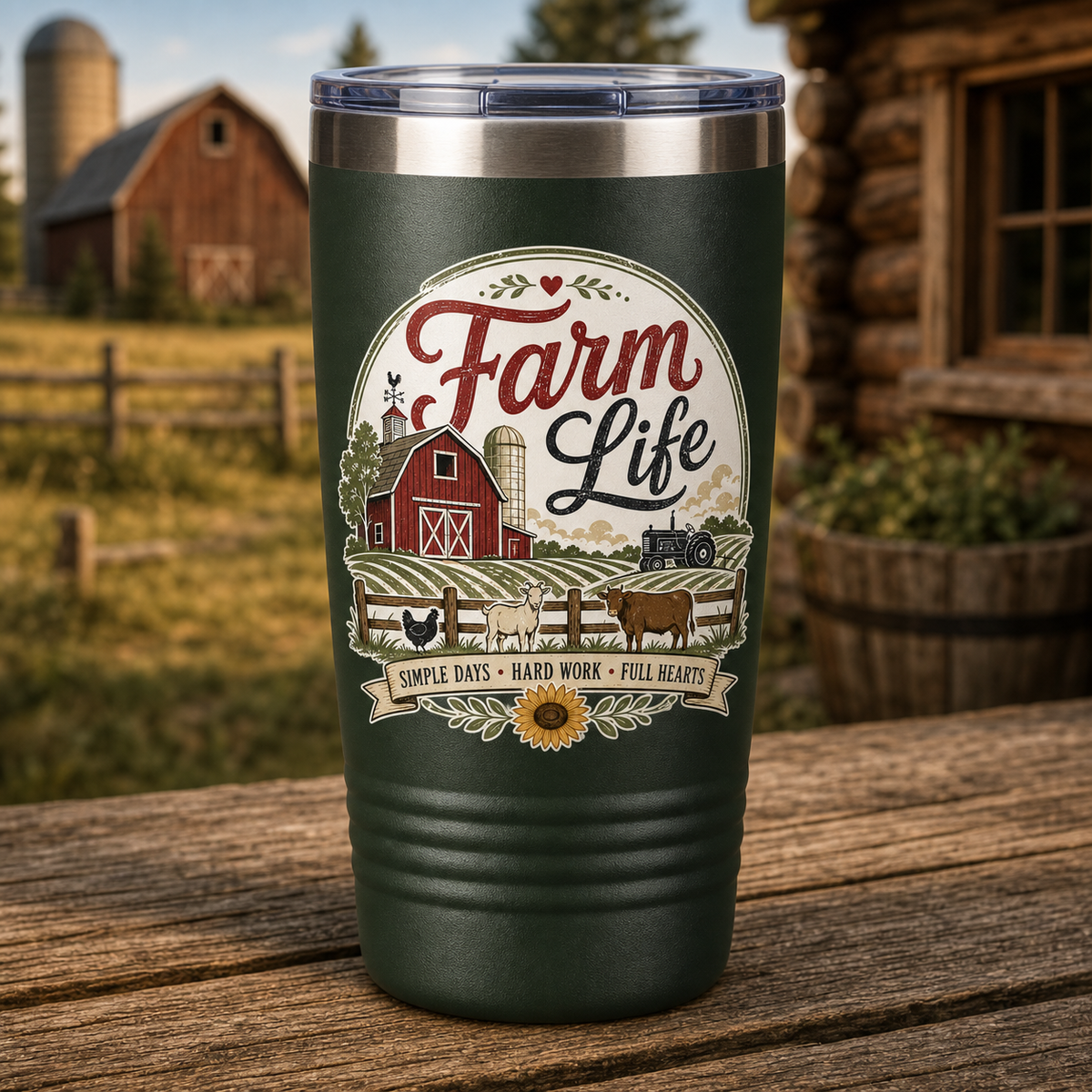 Farm Life Simple Days Hard Work Full Hearts 20oz Polar Camel Tumbler in Dark Green