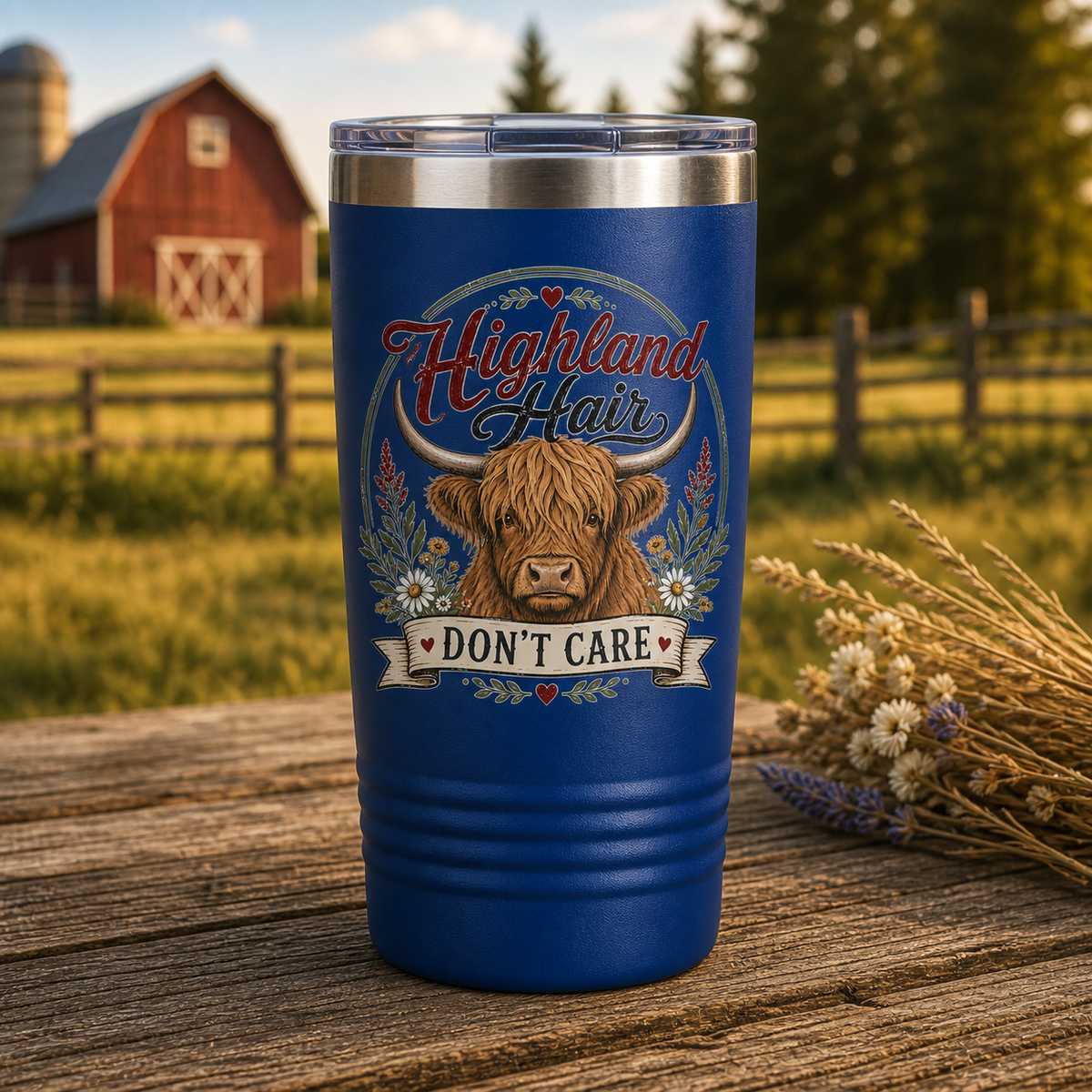 Highland Hair Don't Care 20oz Polar Camel Tumbler in Royal Blue