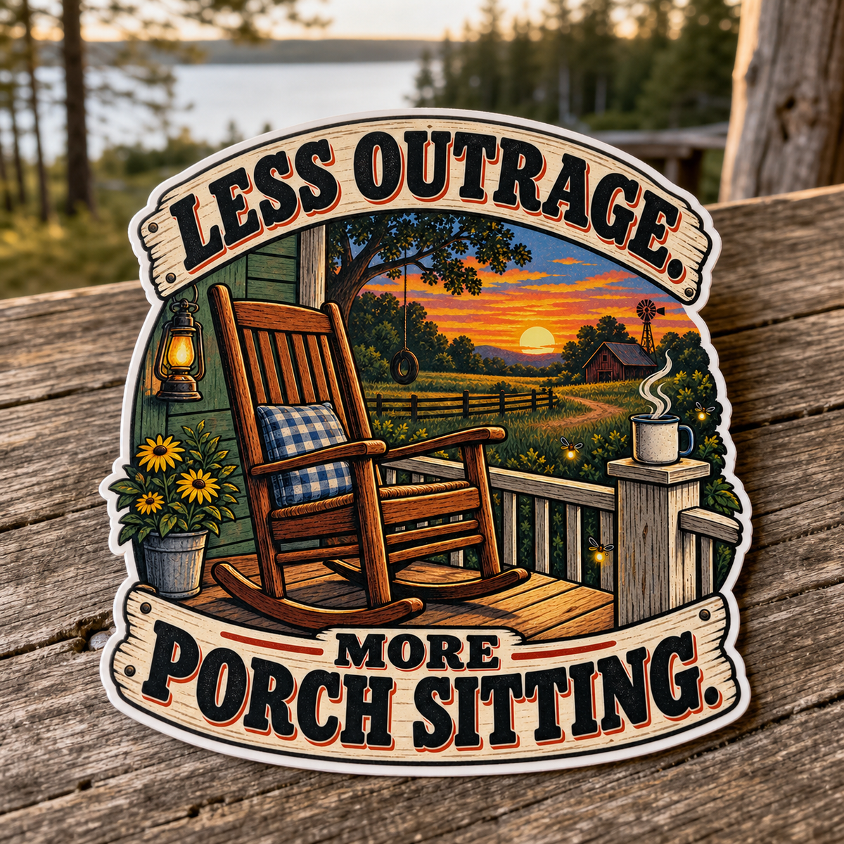 Less Outrage More Porch Sitting Die-Cut Sticker