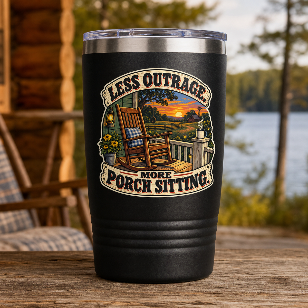 Less Outrage More Porch Sitting 20oz Polar Camel Tumbler in Black