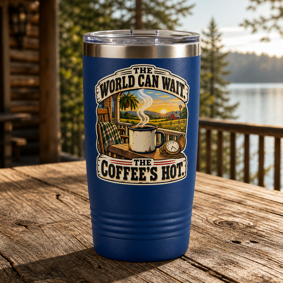 The World Can Wait The Coffee's Hot 20oz Polar Camel Tumbler in Royal Blue