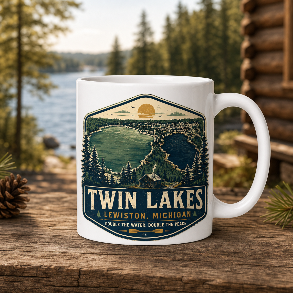 Twin Lakes Lewiston Michigan 15oz White Coffee Mug