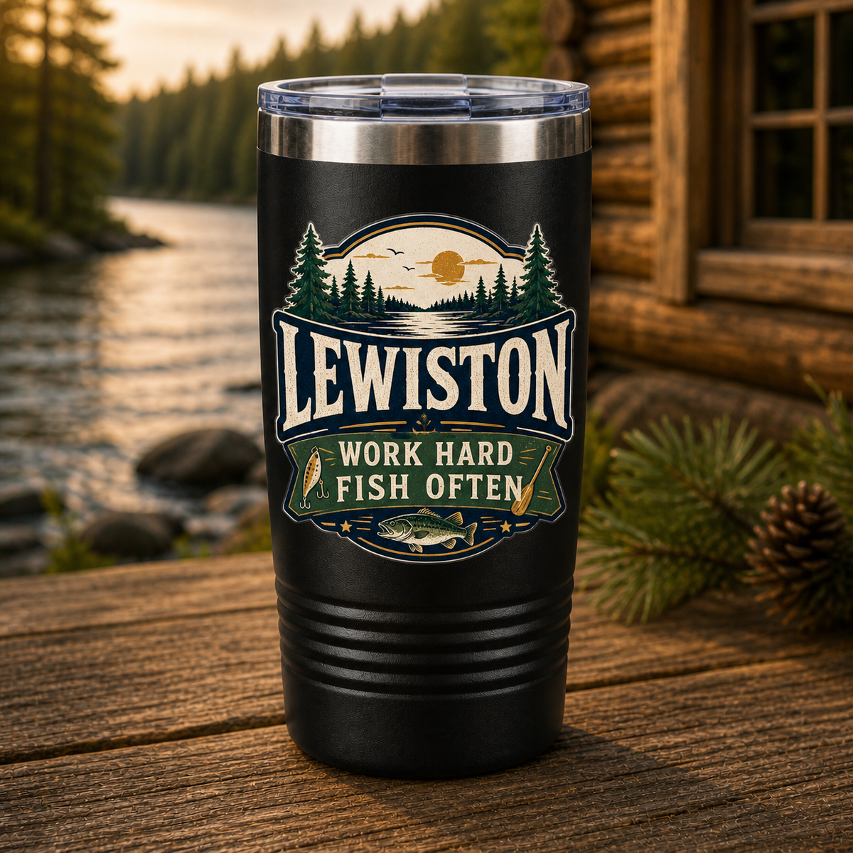 Lewiston Work Hard Fish Often 20oz Polar Camel Tumbler in Black