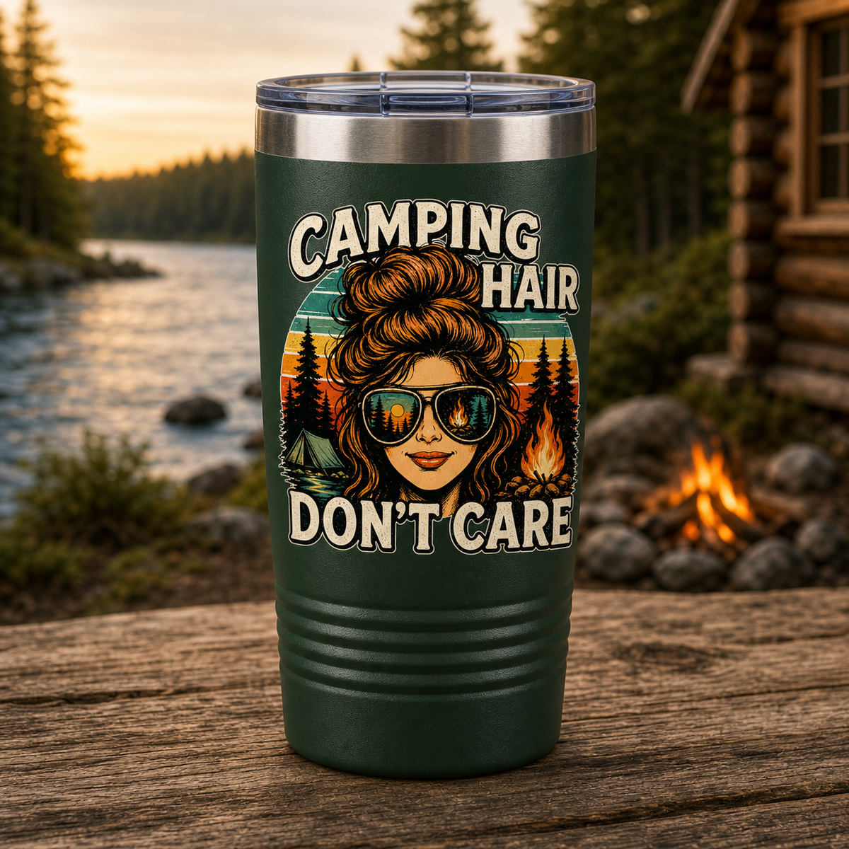 Camping Hair Don't Care 20oz Polar Camel Tumbler in Dark Green
