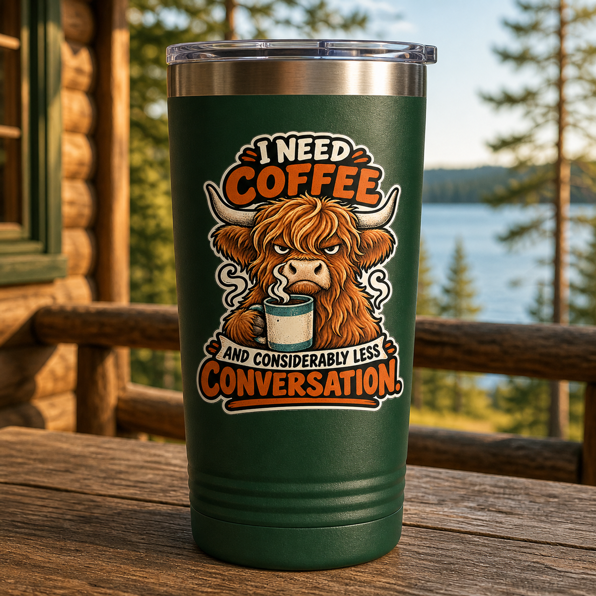Coffee and Less Conversation 20oz Polar Camel Tumbler in Dark Green