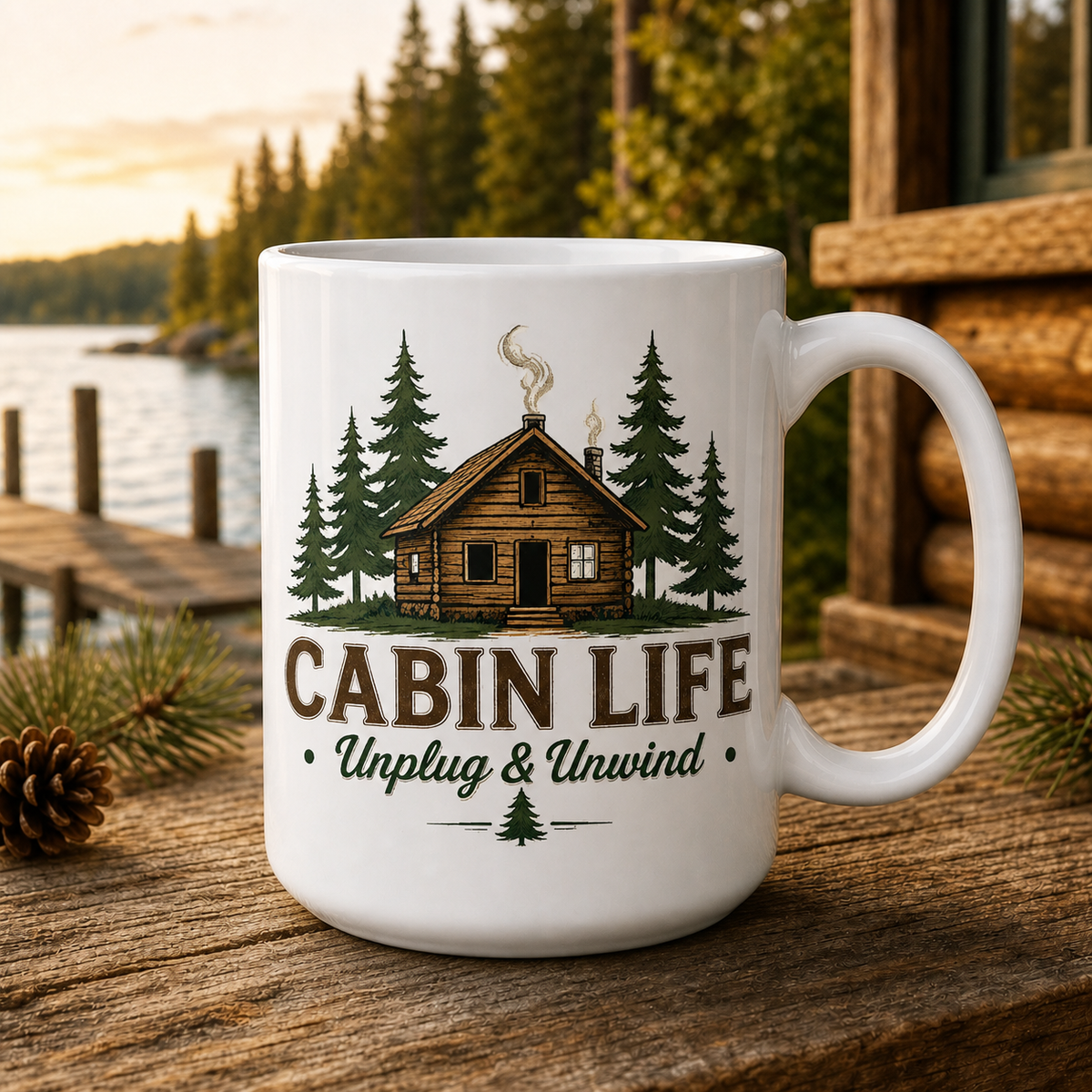 Cabin Life Unplug and Unwind 15oz White Coffee Mug