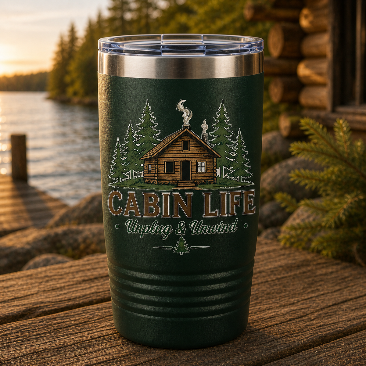 Cabin Life Unplug and Unwind 20oz Polar Camel Tumbler in Dark Green