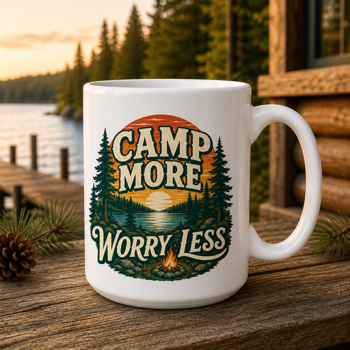 Camp More Worry Less 15oz White Coffee Mug