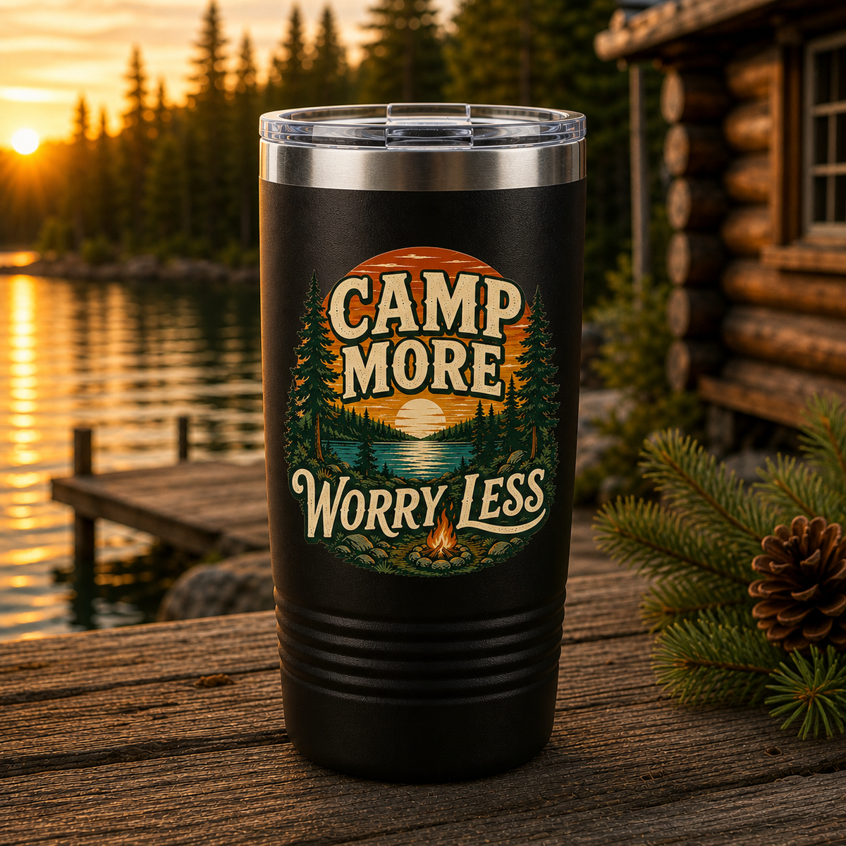 Camp More Worry Less 20oz Polar Camel Tumbler in Black