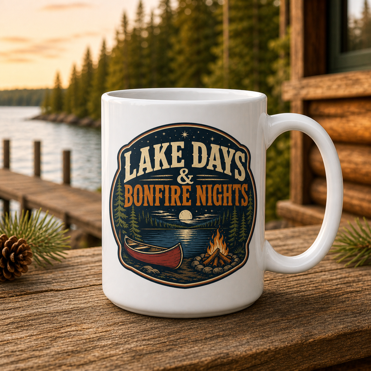 Lake Days & Bonfire Nights 15oz White Coffee Mug