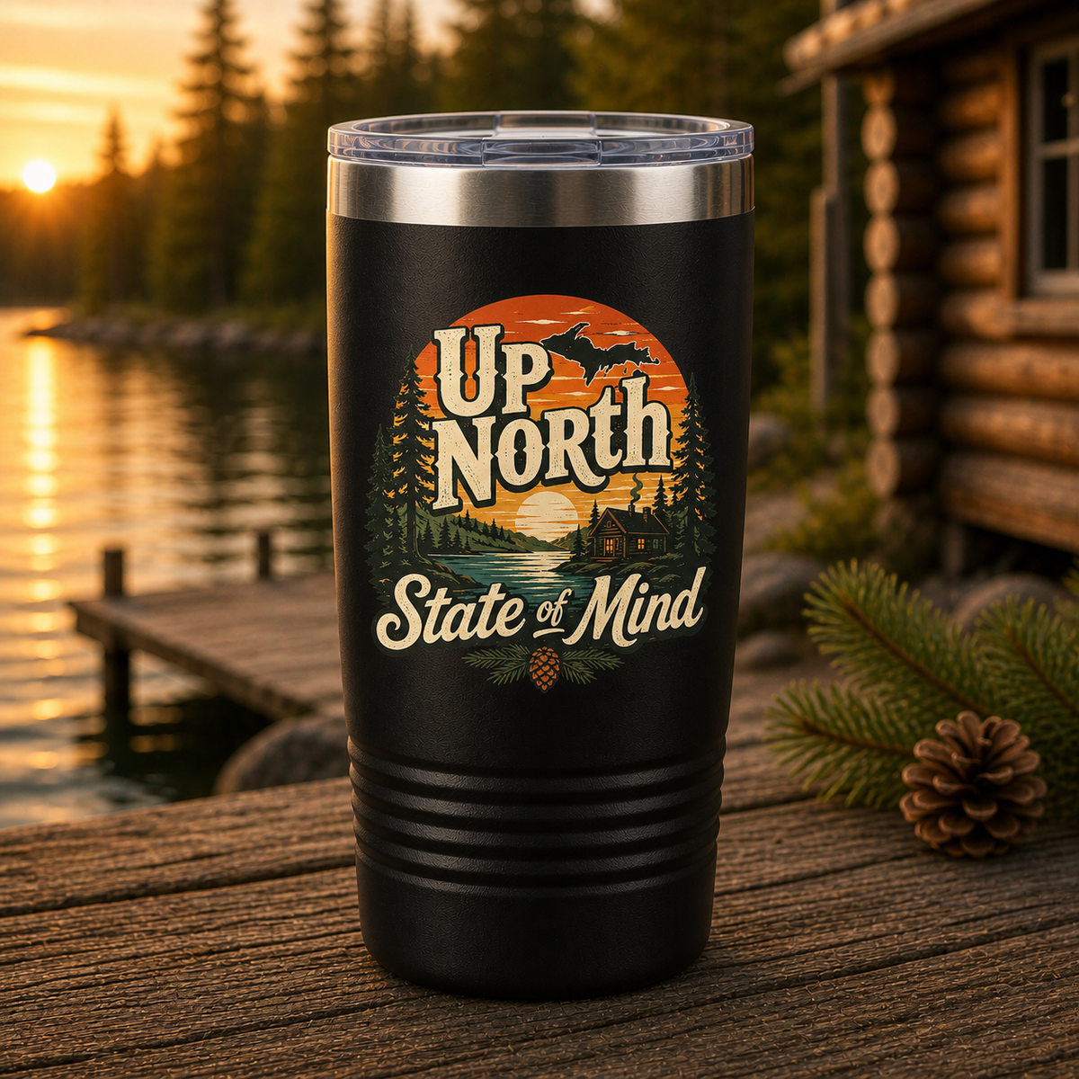 Up North State of Mind Cabin Sunset 20oz Polar Camel Tumbler in Black
