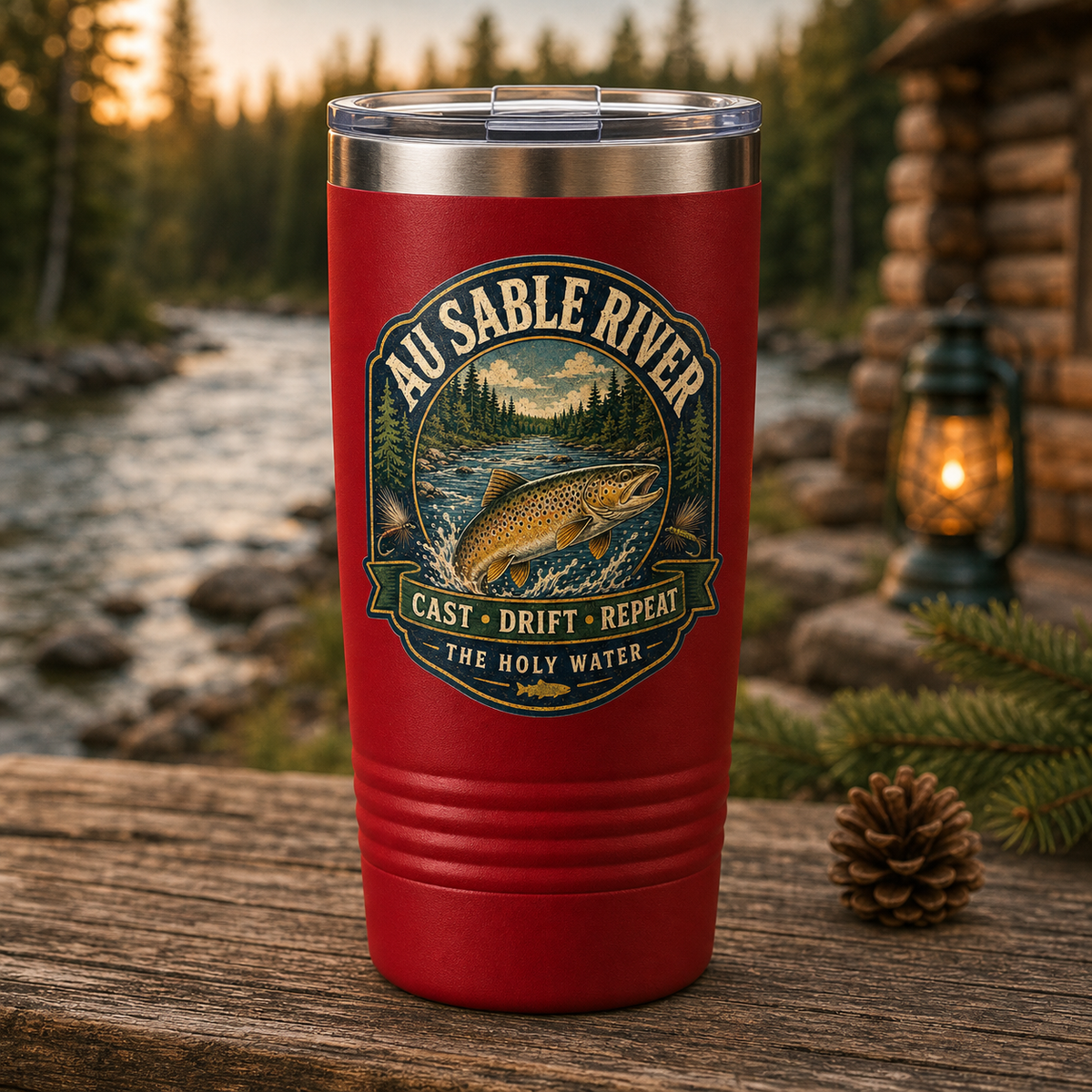 Au Sable River Cast Drift Repeat 20oz Polar Camel Tumbler in Red
