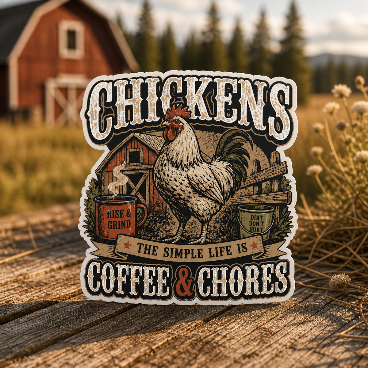 Chickens Coffee and Chores Die-Cut Sticker