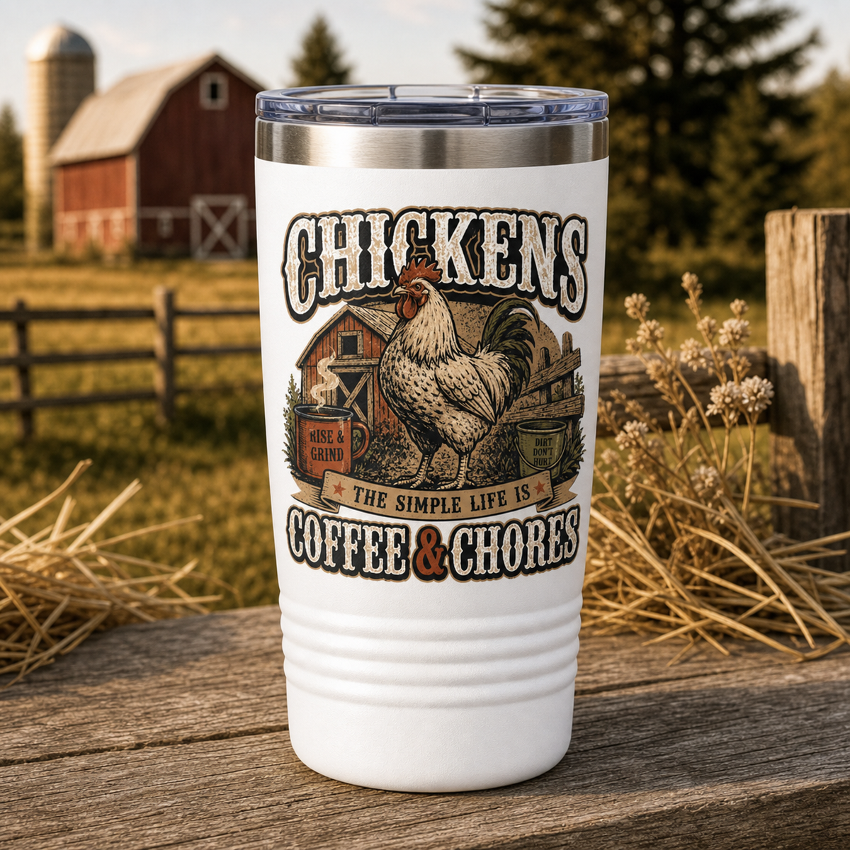 Chickens Coffee and Chores 20oz Polar Camel Tumbler in White