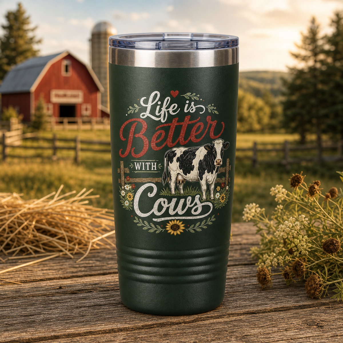 Life Is Better With Cows 20oz Polar Camel Tumbler in Dark Green