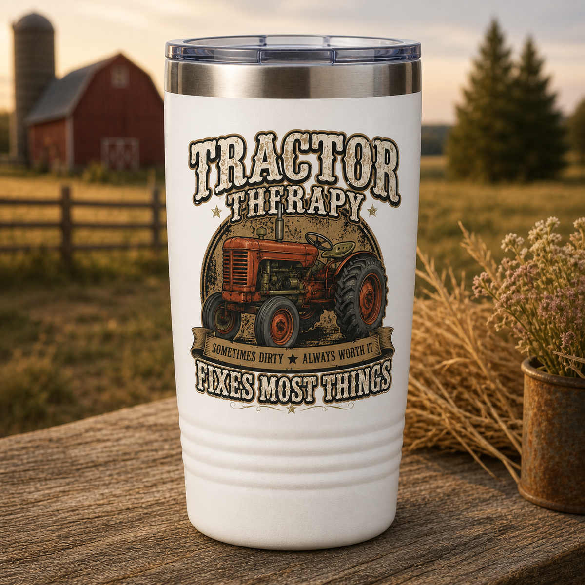 Tractor Therapy Fixes Most Things 20oz Polar Camel Tumbler in White
