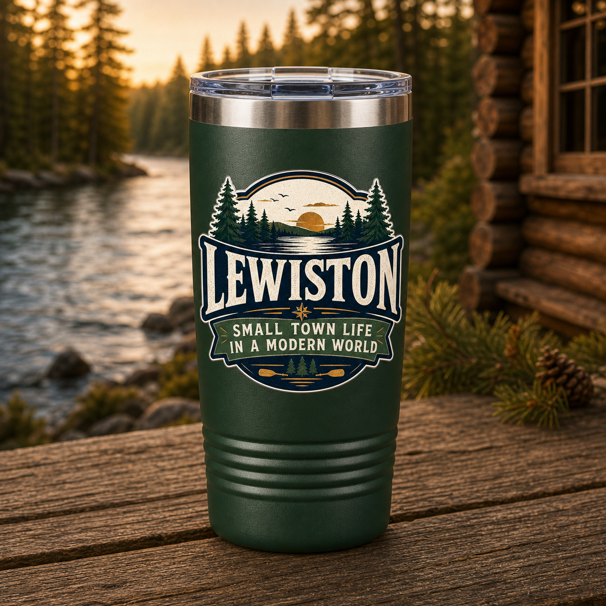Lewiston Small Town Life in a Modern World 20oz Polar Camel Tumbler in Dark Green