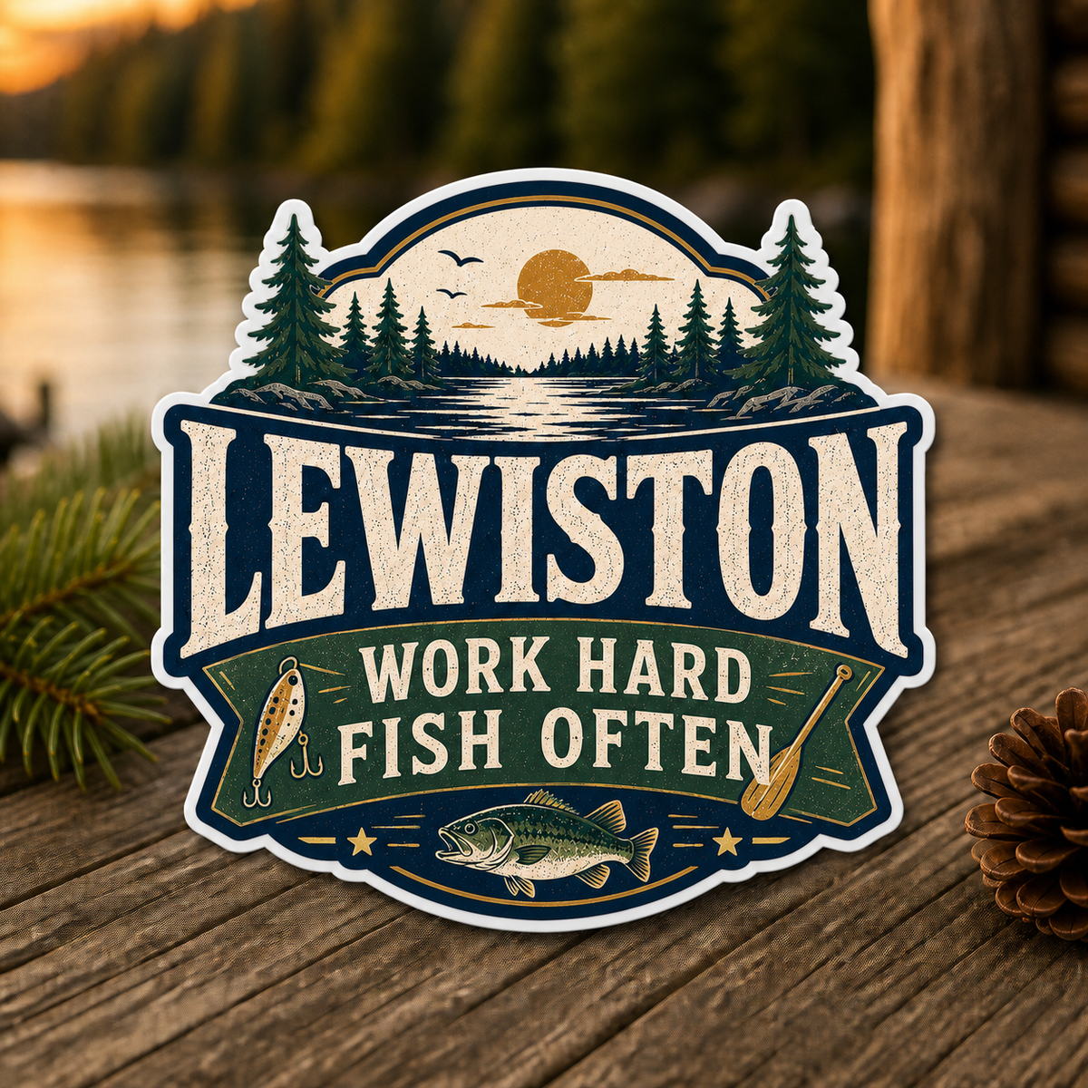 Lewiston Work Hard Fish Often Die-Cut Sticker
