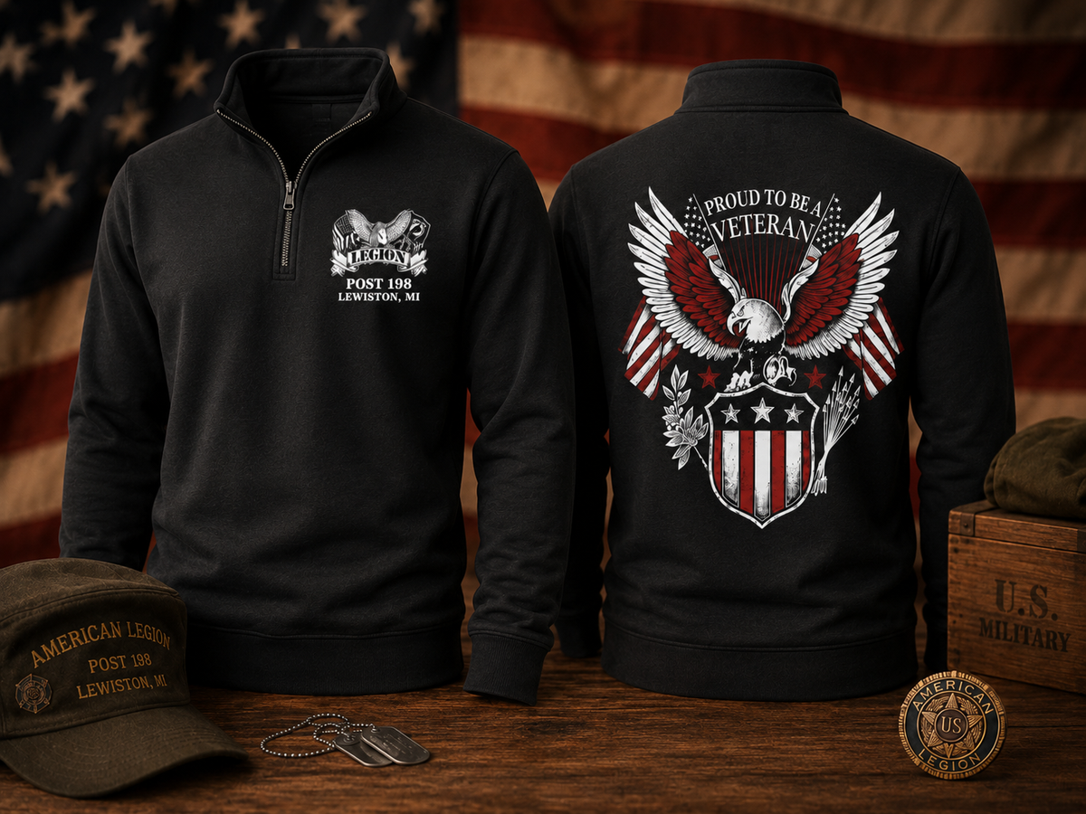 American Legion Post 198 Quarter-Zip Pullover – Proud to Be a Veteran