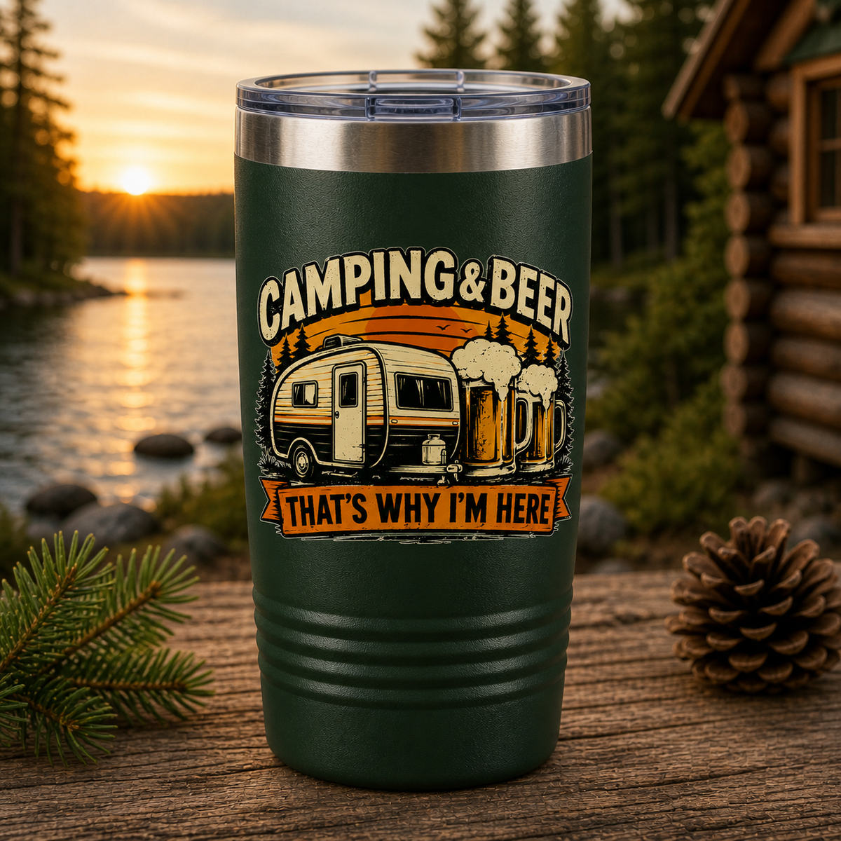 Camping & Beer That's Why I'm Here 20oz Polar Camel Tumbler in Dark Green