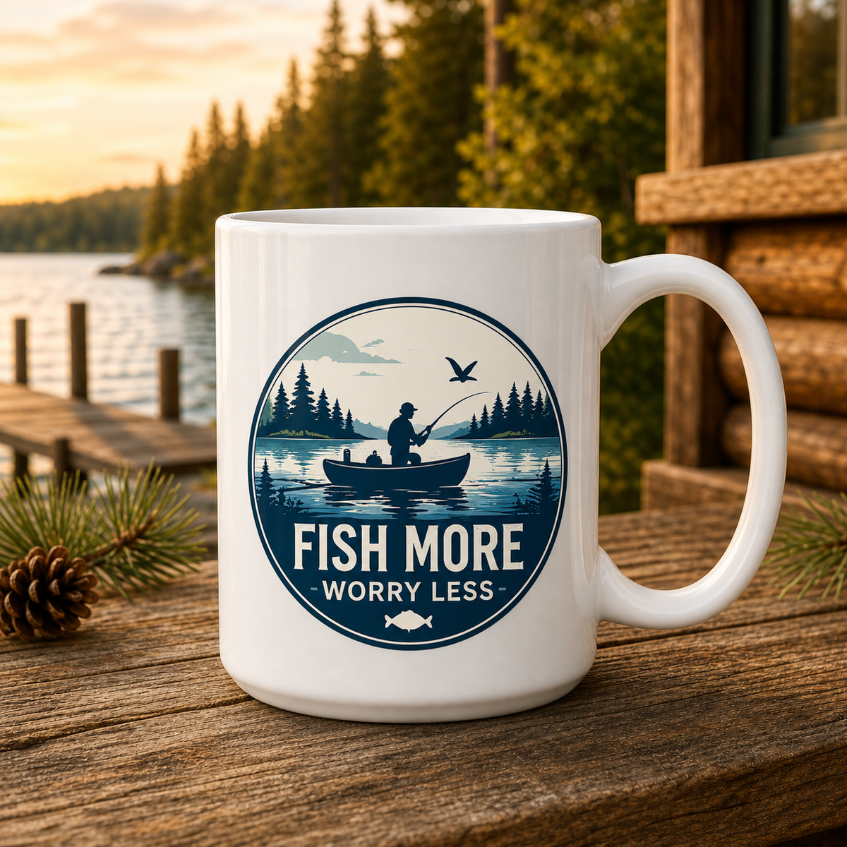 Fish More Worry Less 15oz White Coffee Mug