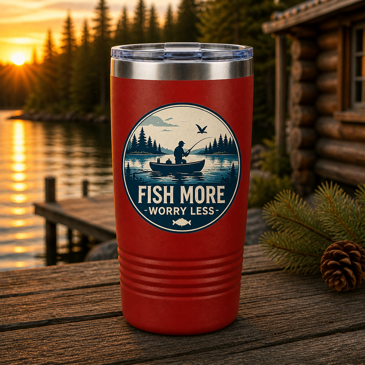 Fish More Worry Less 20oz Polar Camel Tumbler in Red