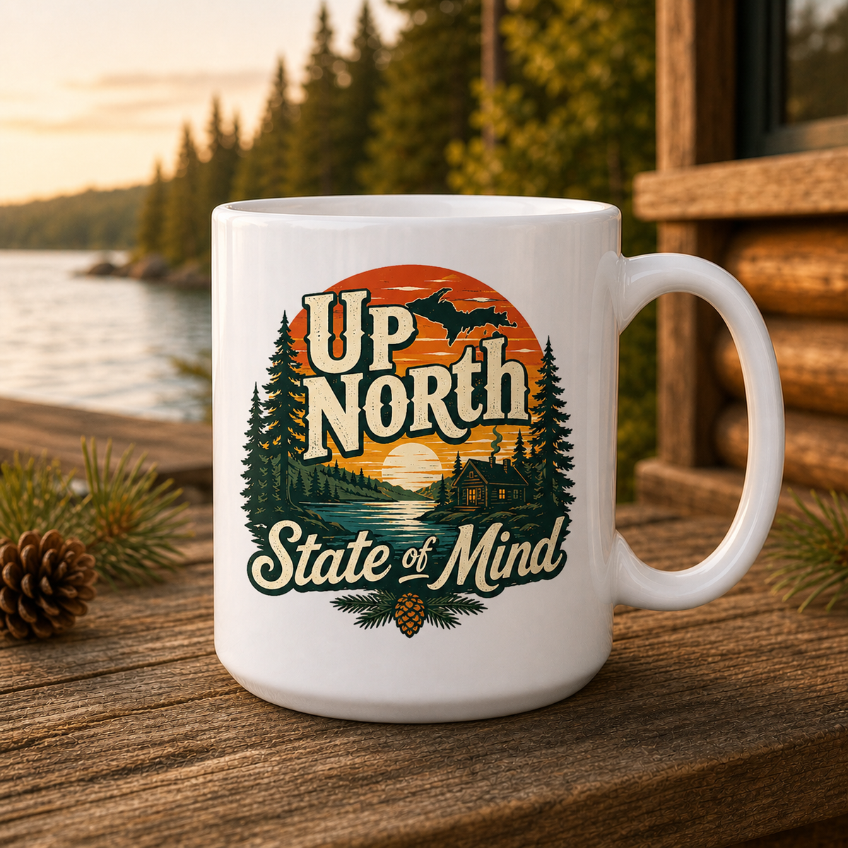 Up North State of Mind Cabin Sunset 15oz White Coffee Mug